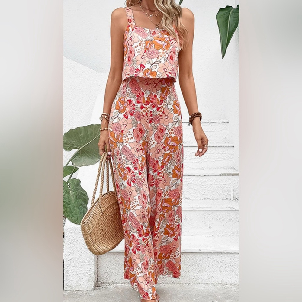 Floral Boho Jumpsuit Wide Leg Summer Outfit L Flowy Chic Look